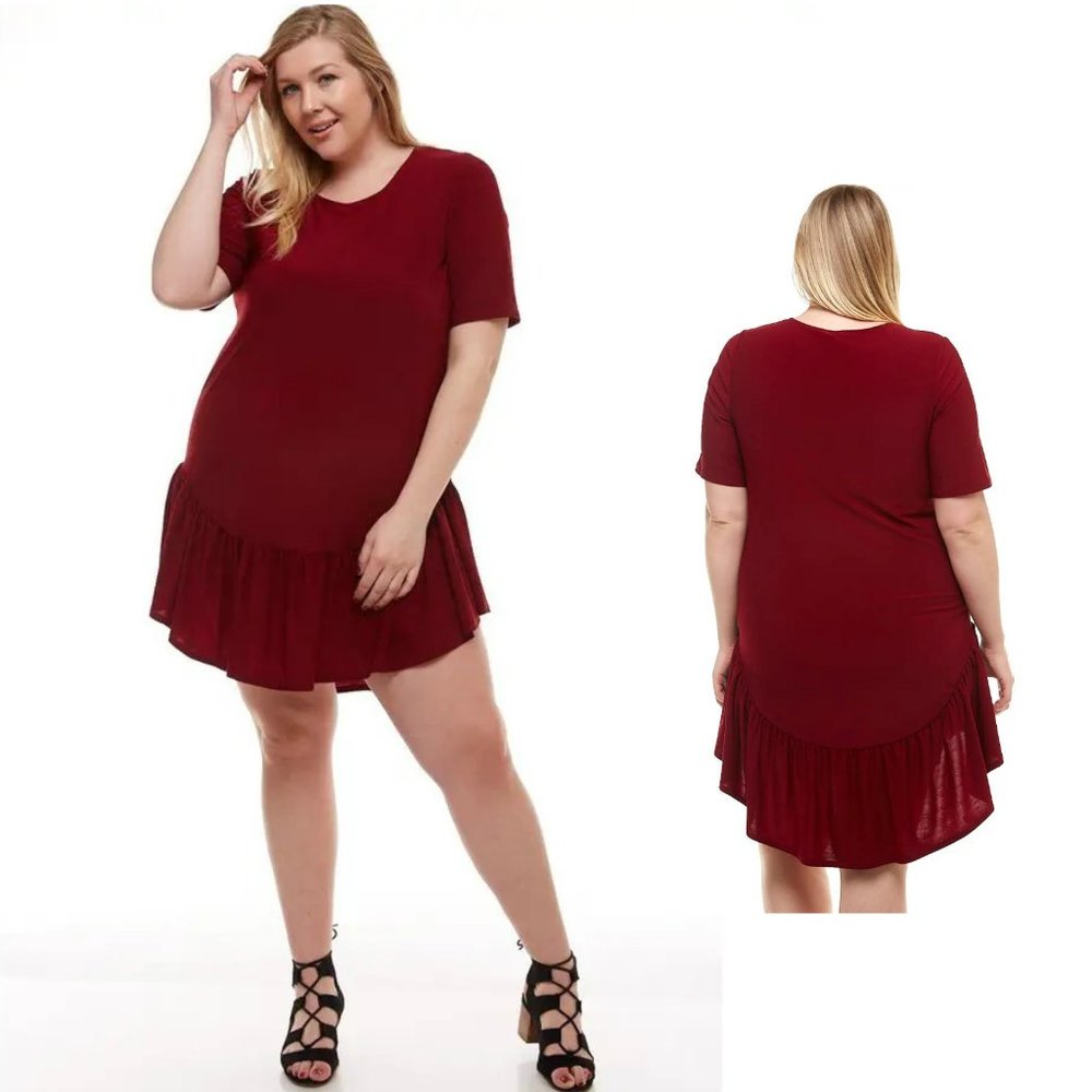Azules US made Plus Size High Low Mini Dress with Ruffle Hem, 1XL,2XL,3XL, Wine